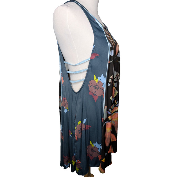 Free People Dream Free Boho Floral Print Satin Strappy Cut Out Tunic Top Small - Picture 4 of 12